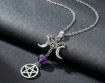 Halsband med trippel mångudinna och ametist och pentaklar – Wicca Pagan Jewelry