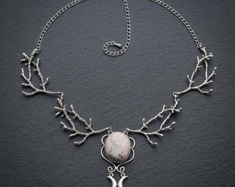 Dendritic Jasper Necklace, Triple Moon Pendant, Witchy Branch Choker, Gothic Nature Jewelry, Wiccan Pagan Statement Necklace, Whimsigoth Gif