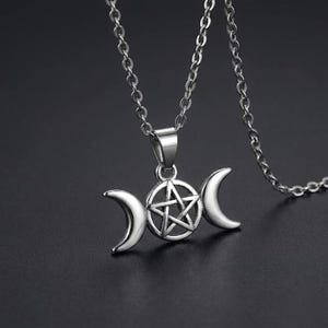 Triple Moon Goddess Necklace Pentacle – Wiccan Pagan Jewelry – Moon Symbol Talisman – Occult Protection Pendant
