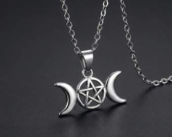 Triple Moon Goddess Necklace Pentacle – Wiccan Pagan Jewelry – Moon Symbol Talisman – Occult Protection Pendant