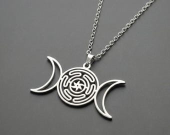 Roestvrijstalen hecate drievoudige maanketting, heidense Wicca-sieraden