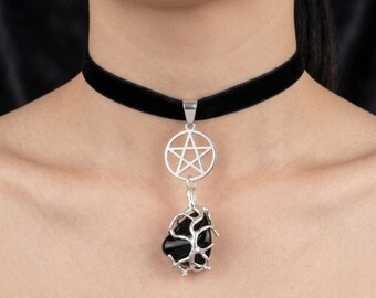 Pentagram Choker Necklace, Witch Necklace, Gothic Witchy Jewelry, Occult Choker, Dark Aesthetic Pagan Wiccan Gift, Obsidian Pendant