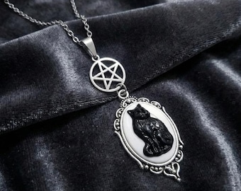 Zwarte kat-pentakelketting – Wicca-gotische sieraden – met heks bekende amulet – Heidense beschermingshanger