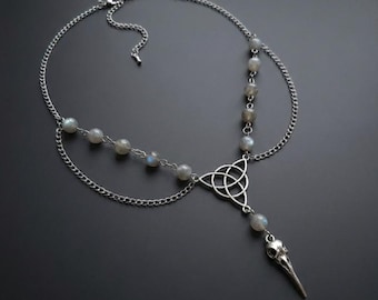 Raven Skull Necklace with Labradorite, Stainless Steel Gothic Jewelry for Women, Celtic Triquetra Pendant, Witchy Wiccan Gift, Dark Aestheti