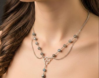 Raven Skull Necklace with Labradorite, Stainless Steel Gothic Jewelry for Women, Celtic Triquetra Pendant, Witchy Wiccan Gift, Dark Aestheti