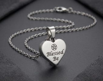 Blessed Be Pentacle Necklace, Wiccan Heart Pendant, Pagan Witchy Jewelry, Double Sided Pentagram Charm, Gift for Witches