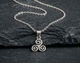 Celtic Triskelion Necklace, Triple Spiral Pendant, Pagan Jewelry, Wiccan Symbol Charm, Minimalist Silver Amulet, Spiritual Gift