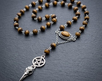 Pagan Rosary Necklace with Raven Skull and Pentacle, Wiccan Prayer Beads, Tiger Eye Witchy Jewelry, Gothic Occult Amulet, Witchcraft
