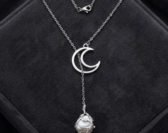 Moonstone Crescent Moon Necklace, Stainless Steel Lariat Necklace, Wiccan Moon Jewelry, Pagan Goddess Pendant, Celestial Witchy Gift for Her