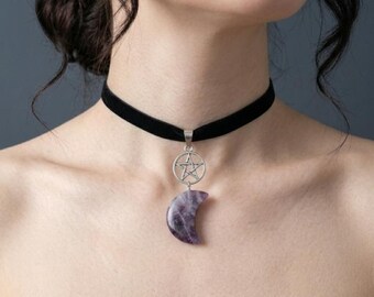 Amethyst Crescent Moon Choker | Silver Pentagram Velvet Necklace | Witchy Goth Pagan Jewelry | Wiccan Crystal Celestial Pendant