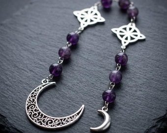 Amethyst Witch's Ladder with Witch Knot and Filigree Moon Charms | Pagan Prayer Beads | Spiritual Meditation Tool