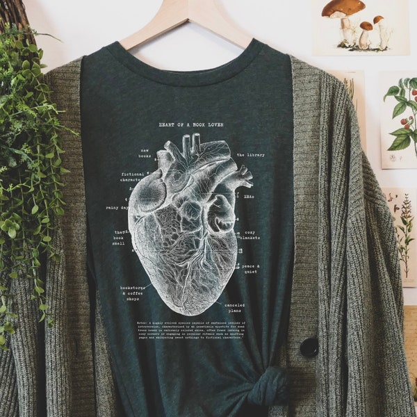 Anatomical Heart of a Book Lover Shirt, Gothic Clothes, Bibliophile, Ephemeral, Oddities and Curiosities, human heart, Medical Illustration