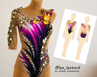 May include: A black and purple leotard with gold sequins and a yellow flower design. The leotard has a long sleeve on one side and a short sleeve on the other. The leotard is shown on a mannequin and a sketch of the leotard is shown on the right side of the image. The text "@leo_leotard by Natly Zrazhevska" is at the bottom of the image.