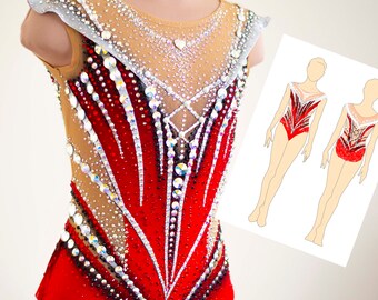 May include: A red and nude-colored leotard with intricate crystal and rhinestone embellishments. The leotard features a high neckline and a detailed design, with a matching sketch in the background. The leotard is designed for gymnastics or dance.