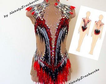 May include: A gymnastics leotard on a mannequin, featuring a high neck and long sleeves. The leotard is primarily nude-colored with intricate designs in red, black, and silver rhinestones. The text "RG leotard Parisian" is visible. A design sketch is also included.
