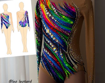 May include: A black leotard with a rainbow design and rhinestones. The leotard has long sleeves and a scoop neck. The design features a rainbow of colors, including red, orange, yellow, green, blue, indigo, and violet. The leotard is decorated with rhinestones of various sizes and shapes. The leotard is on a mannequin. The text "@leo_leotard by Nataly  Zrazhevska" is at the bottom of the image.