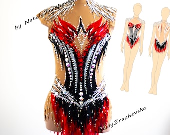 May include: A rhythmic gymnastics leotard with a high neck and long sleeves. The leotard is black, red, and nude-colored, with a design of sparkling rhinestones and feathers. The text "by Nataly Zrazhevska" is visible.