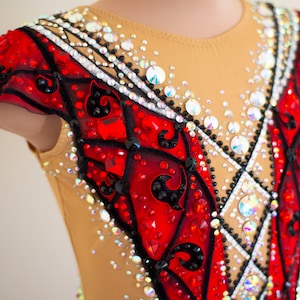 Red Rhythmic Gymnastics Leotard with Rhinestones, Custom RG Leotard