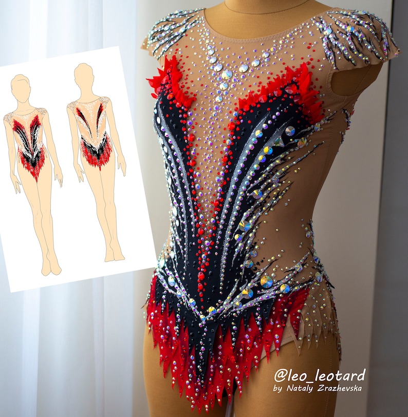 May include: A gymnastics leotard with a black, red, and nude color scheme. The leotard is embellished with rhinestones and features a detailed design. A sketch of the leotard is in the background. The Instagram handle @leo_leotard is visible.