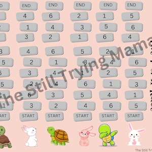 May include: A printable game board with a pink background and gray squares. The game board is for a race between a turtle and a rabbit. The game board has the words "The I & H Race" at the top. The game board has the words "Start" and "End" at the bottom.