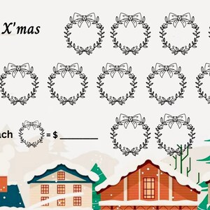 May include: A printable Christmas-themed worksheet with the letter X and the phrase "X is for X'mas". The worksheet features 14 wreaths with bows and a snowy winter village scene. Each wreath has a blank space for a price. The text "Each = $____" is included.
