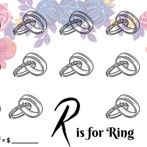 Könnte beinhalten: Eine Schwarzweißillustration von 12 Ringen vor einem floralen Hintergrund. Der Buchstabe R ist in Schwarz geschrieben mit dem Text "steht für Ring" darunter. Der Text "Jeder = _____ €" befindet sich am unteren Rand des Bildes.