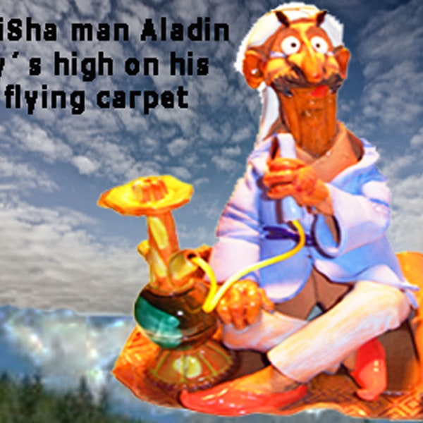 Räucherfigur Aladin raucht Shisha-Wasserpfeife auf fliegendem Teppich