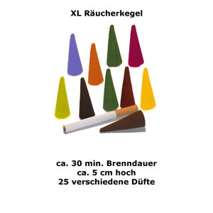 May include: A set of 10 colorful incense cones, each about 5 inches tall. The cones are arranged in a pyramid shape with a cigarette in the center. The text on the image reads "XL Räucherkegel", "ca. 30 min. Brenndauer", "ca. 5 cm hoch", and "25 verschiedene Düfte".
