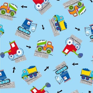 May include: A repeating pattern of colorful cartoon construction vehicles, including dump trucks, tractors, and bulldozers, on a light blue background. The vehicles are in various colors like red, orange, blue, and yellow, with black arrows scattered throughout.