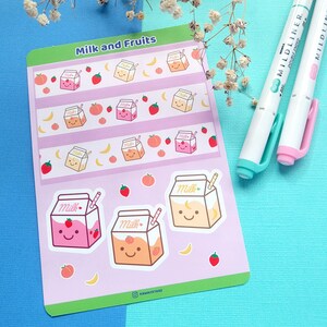Feuille d'autocollants en vinyle A6 Kawaii Fruits et lait