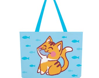 Tabby Cat Fish Tote Bag with zipper