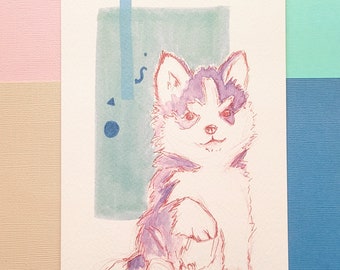 Husky Puppy Cute Watercolor Paper Art Print