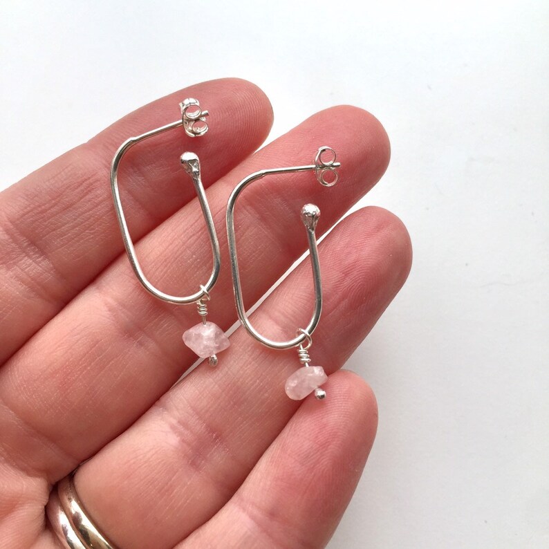 Minimal Contemporary Oval Hoops Rose Quartz Silver Oval Hoop Earrings Simple Eco Chic Hoop Convertible Earrings