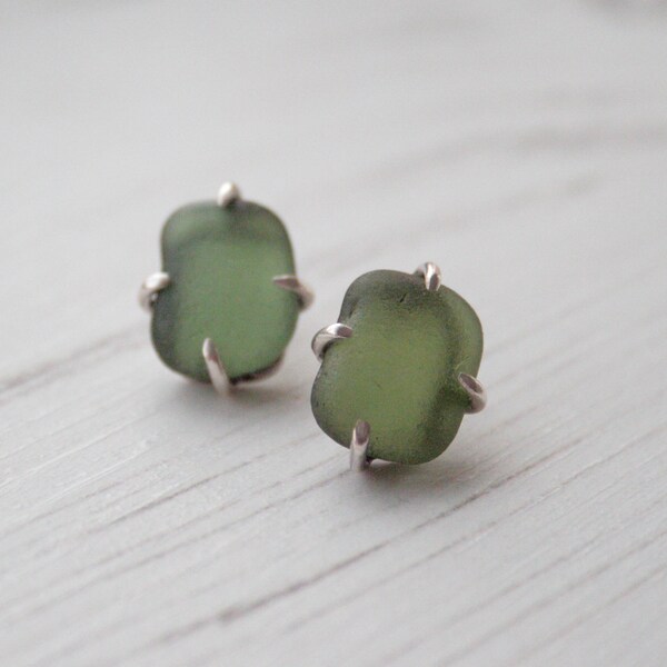 Sea Glass Studs. Green Sea Glass Earrings. Recycled Silver. Nature Jewellery. Eco-friendly Jewellery. Gifts for Her. Green Earrings.