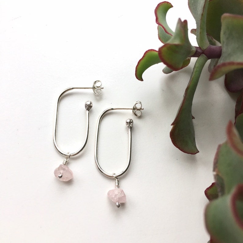 Minimal Contemporary Oval Hoops Rose Quartz Silver Oval Hoop Earrings Simple Eco Chic Hoop Convertible Earrings