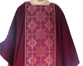 Handmade Purple Silk Chasuble with Metallic Gold & Purple Cross Orphrey