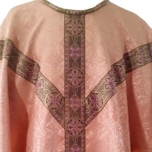 Rose Damask Cross Motif Chasuble Vestment with Traditional Cross Trim