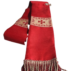 Deacon's  or Priest Stole Handmade Red Silk with Banding Accent and Fringe
