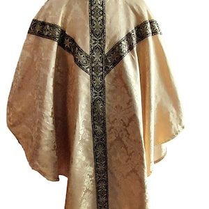 Gold Damask Chasuble w Brown Jacquard Trim & Optional Metallic Cross