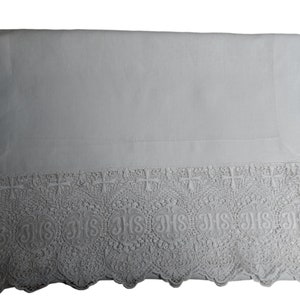 Altar Cloth Runner Irish Linen White Linen with 8.5&quot; Cotton IHS Motif Altar Lace Custom Made for Your Altar