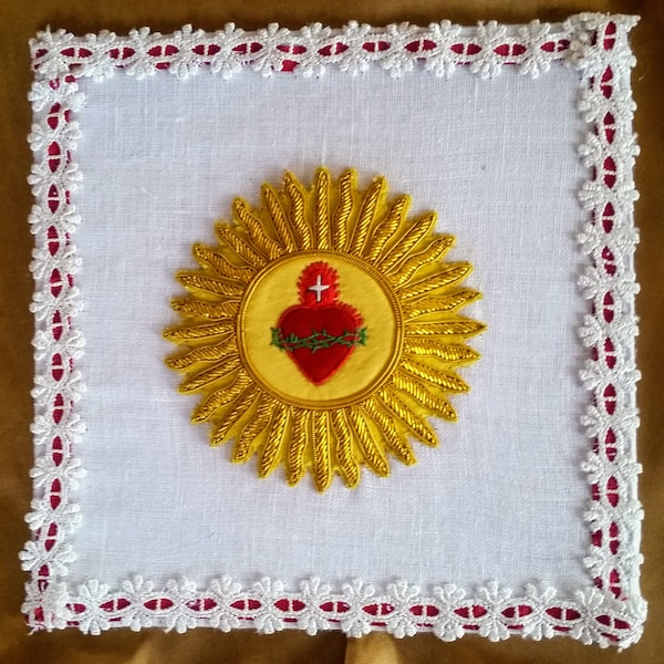 Handmade Sacred Heart Applique Chalice Pall Gold Bullion Hand Embroidered Flaming Sacred Heart 4" Raised Applique 100% Linen 7" Pall