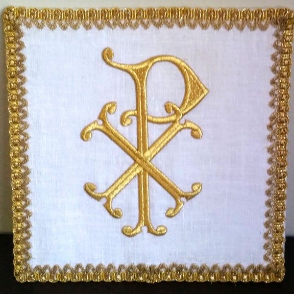 Metallic Gold PX Applique Chalice Pall Handmade 7" Pall 100% Linen Plexiglass Insert Gold Gold Trim 5" Applique Glued & Hand Stitched