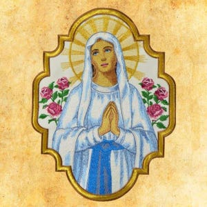 May include: Embroidered image of the Virgin Mary in a blue and white robe, with a gold halo and surrounded by roses. The image is set against a white background with a gold frame.