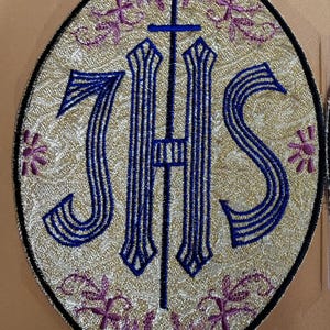 Pair of Vestment Emblems IHS Purple with Rose Accents New Vintage