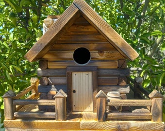 Handmade Cedar Rustic Cabin Birdhouse with Stone Chimney, Hinged Roof, Barrels, Chairs
