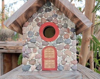 Birdhouse w/arch door, stone front & stone covered chimney