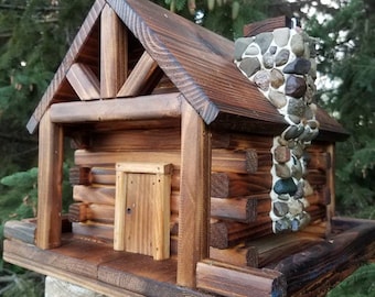 Bird Feeder, Log Cabin Style with Stone Chimney