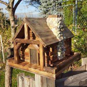 Bird Feeder, log cabin style with chimney and stone