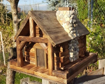 Bird Feeder, log cabin style with chimney and stone