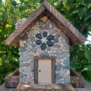 Bird Feeder, Rustic Cabin Style with stones covering front side and chimney